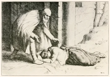 Misericordia se desmaya ante la puerta de El progreso del peregrino de este mundo al venidero por John Bunyan, ilustración de William Strang